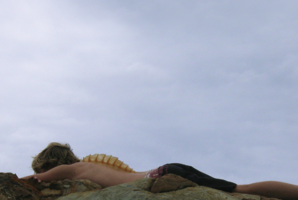 A light-skinned body lying on their front on rocks by the beach, with a fish fin protruding from their back.