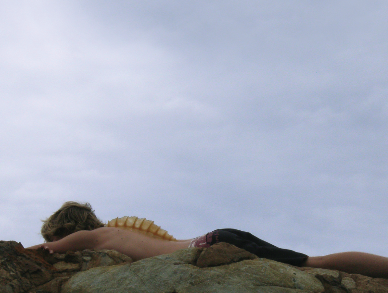 A light-skinned body lying on their front on rocks by the beach, with a fish fin protruding from their back.